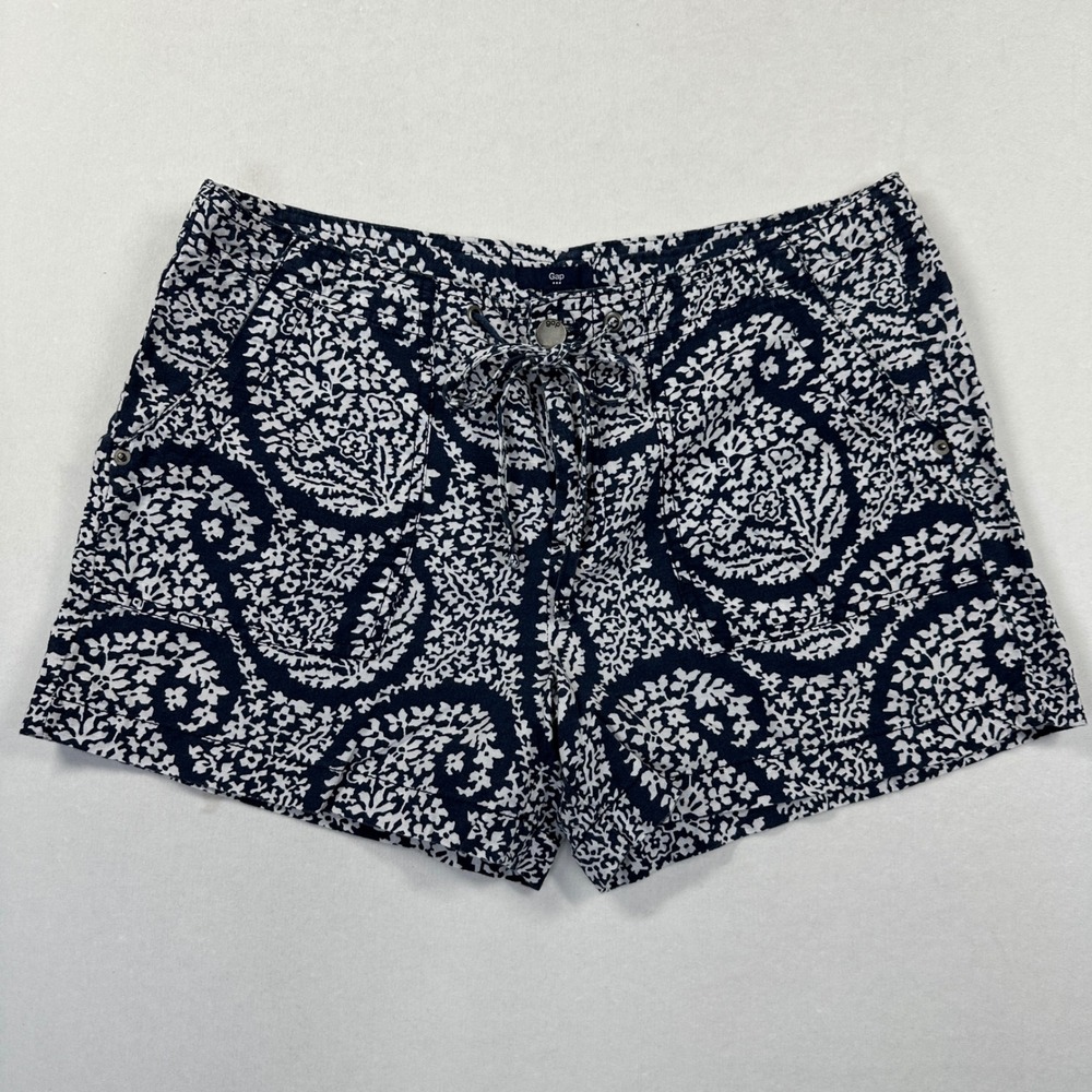 Gap Linen Shorts 8 Navy White Paisley Floral Print Drawstring Beach Boho Coastal